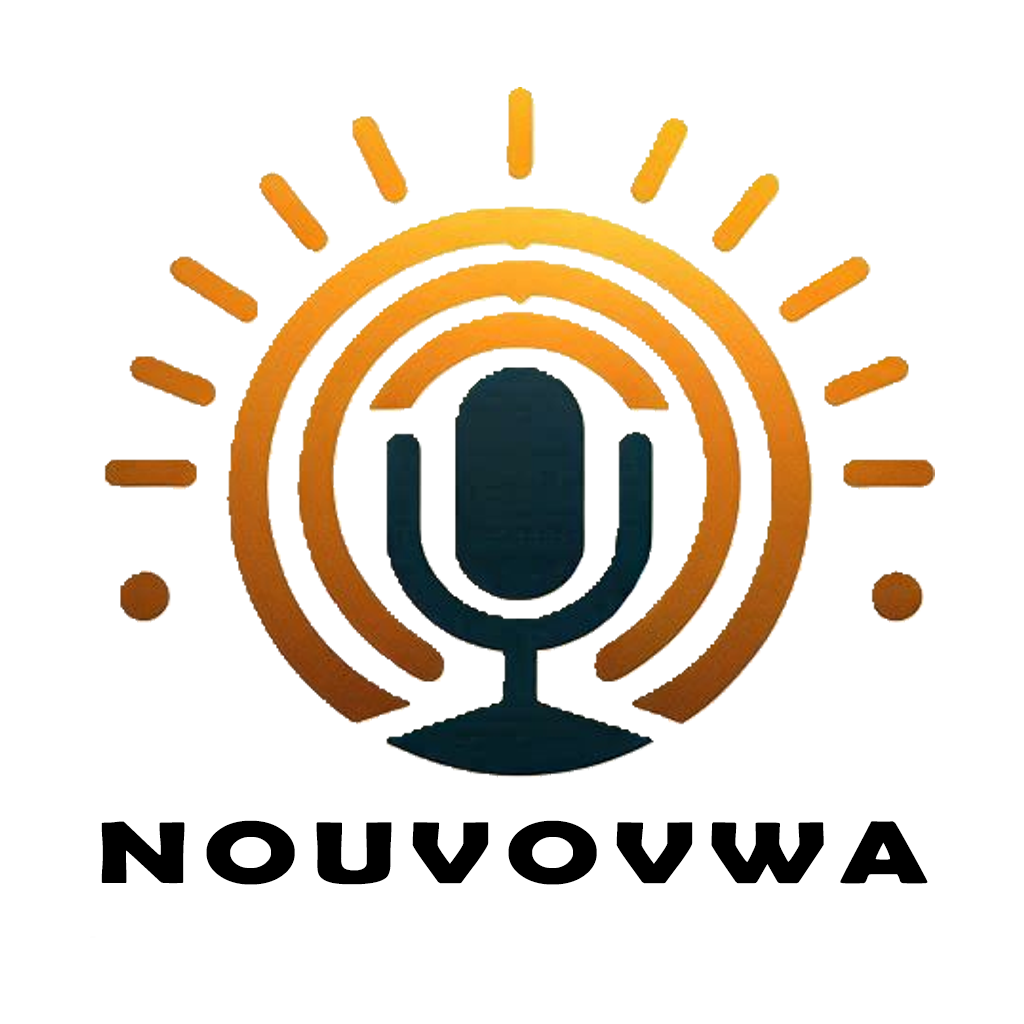 NouvoVwa logo with a microphone icon and radiating lines in orange and gold.